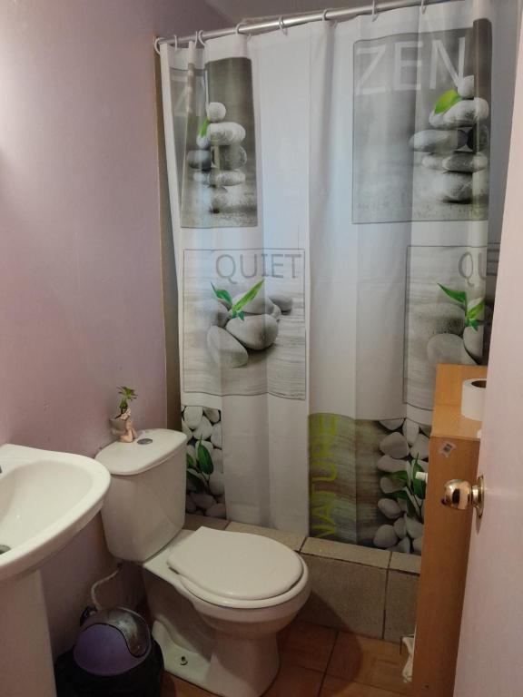 a bathroom with a toilet and a shower curtain at Un lugar Para Tu Relax in Quillota