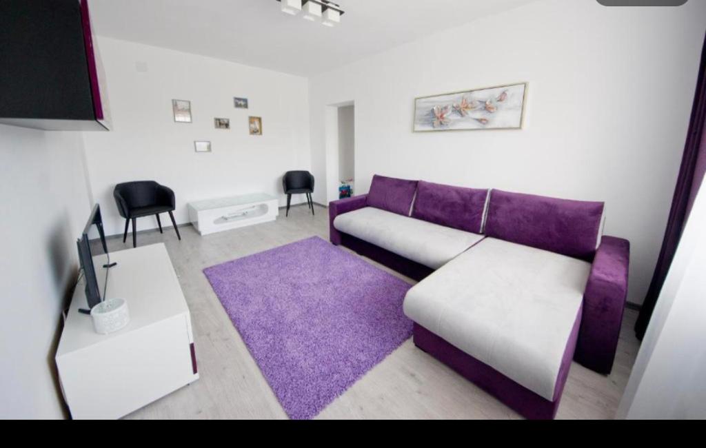 a living room with a purple couch and a purple rug at Boulevard residence in Alba Iulia