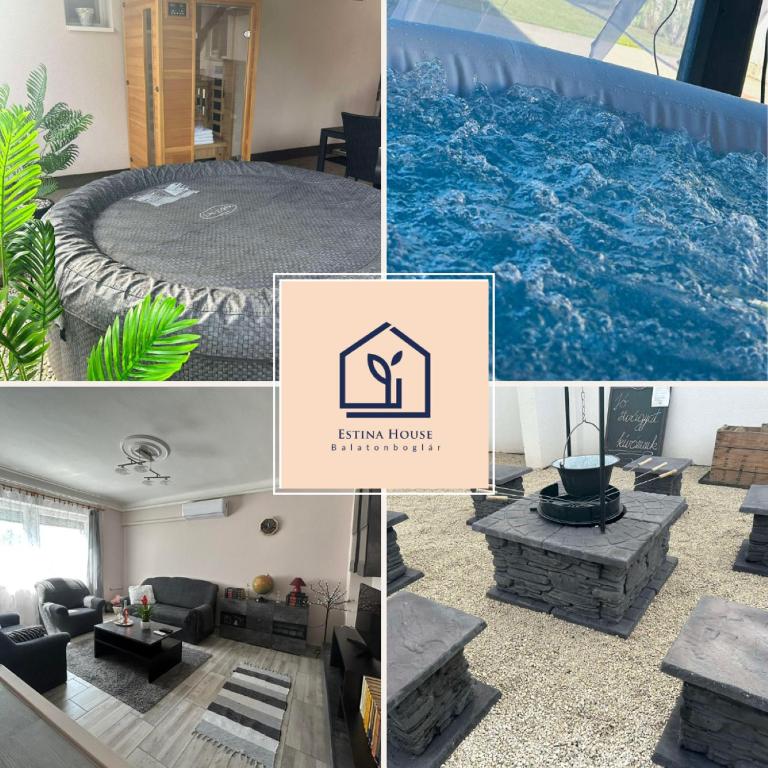 a collage of photos of a living room and a pool at Estina House in Balatonboglár