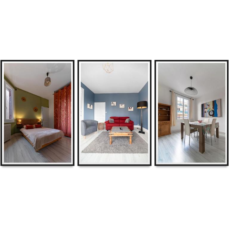 4 photos d'un salon et d'une salle à manger dans l'établissement Le Louis B - Appartement calme et lumineux proche Thermes, à Vichy