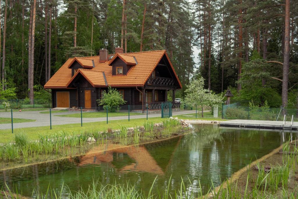 domek z bali przy stawie w parku w obiekcie Dom pod Sosnami w Płaskiej