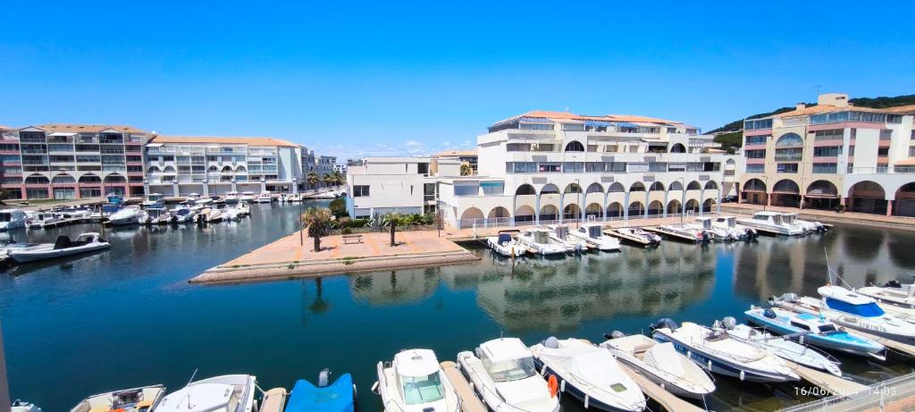 a group of boats docked in a marina with buildings at La Perle Marine, Cosy et rénové, 200 m de la plage, 1 chambre, parking et Wifi in Sète