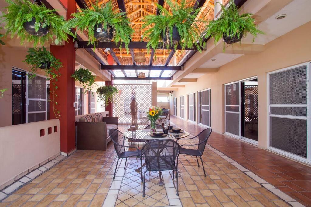 een terras met een tafel, stoelen en planten bij Terraza Studios in Cabo San Lucas