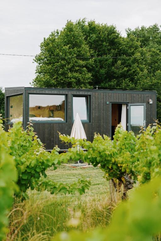Une petite maison noire au milieu d'un champ dans l'établissement Tiny House au milieu des Vignes, à Arbis