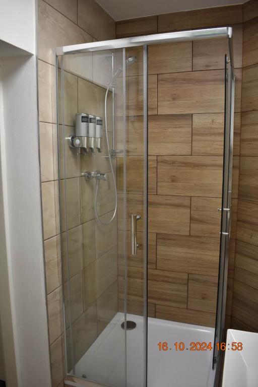 una doccia con una porta in vetro in un bagno di Flynnhouse a Aš