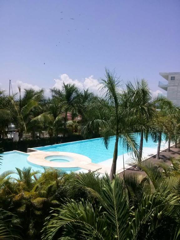 a swimming pool with a palm tree next to it at Luxury Condo Mareia Ixtapa 101 in Ixtapa