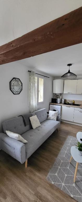 Il comprend un salon avec un canapé gris et une cuisine. dans l'établissement Joli appartement 2 pièces sur Liancourt, à Liancourt