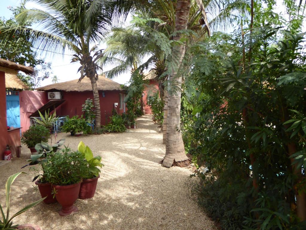 Joal-Fadiout的住宿－Hôtel Joal Lodge，一座花园,花园内种有棕榈树和植物,位于一座房子前面