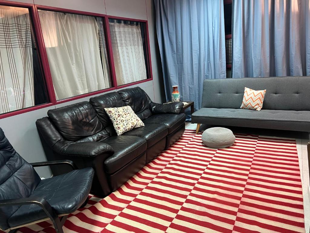 サバデイにあるTessasapartments Sabadellのリビングルーム(革張りのソファ2台、カーペット付)