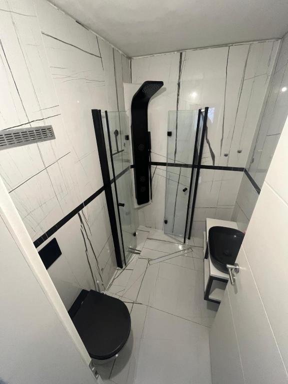 a bathroom with a black toilet and a shower at Apartments Lollipop in Novi Vinodolski