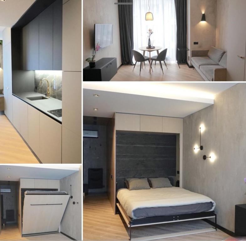 three different views of a bedroom and a living room at Happy Inn Lux studio, self Check, parking, in Vilnius