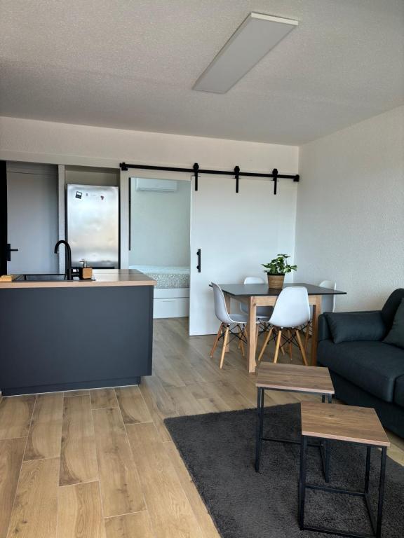 un salon et une cuisine avec un canapé et une table dans l'établissement Appartement Le Barcarès, à Dosse Petit
