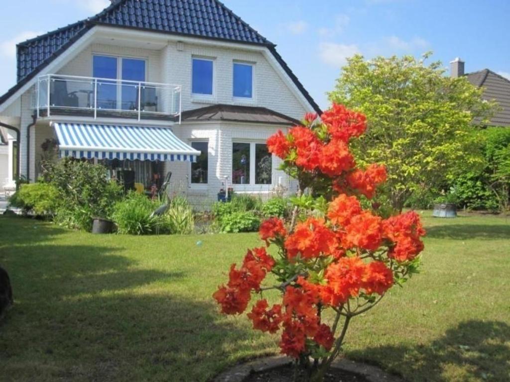 Ein Haus mit einem Haufen roter Blumen davor. in der Unterkunft De Luxe - Ferienwohnung im Landhaus am See - Die Nr 1 mit 5 DTV zertifizierten Sternen in Malente