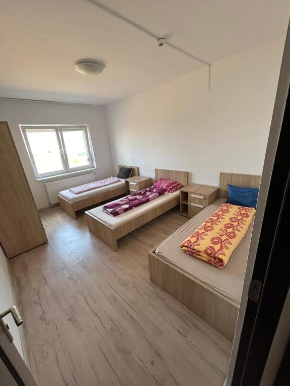 um quarto com três camas em um quarto em ECO COVER APARTMENTs em Oradea International Airport