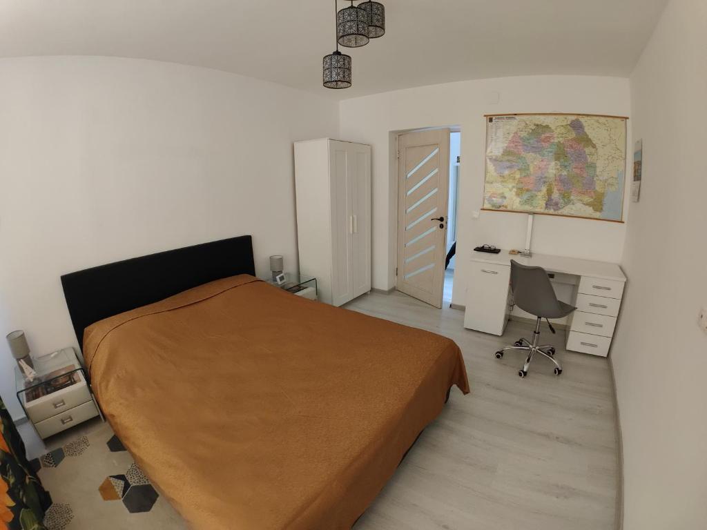 una camera da letto con un letto, una scrivania e una sedia di HANA Apartament a Târgu-Mureş