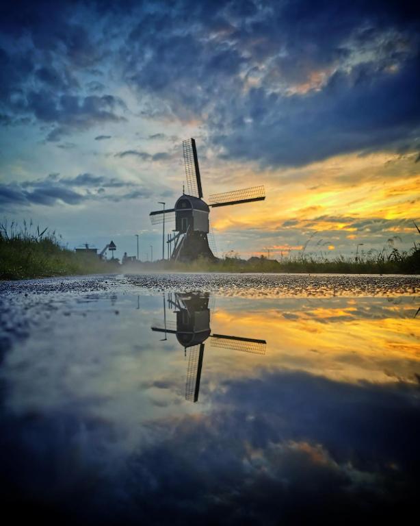 a windmill with its reflection in the water at sunset at Molen den Bonk in Lexmond