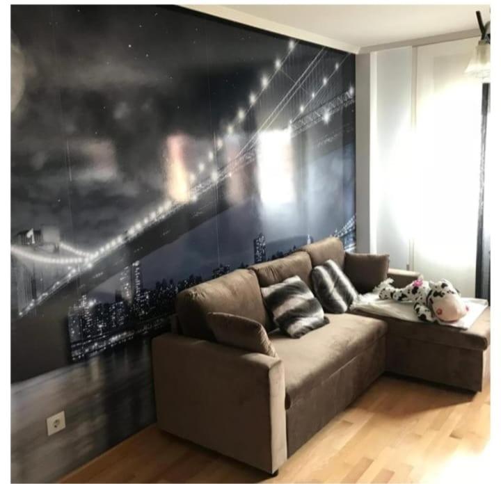 a couch in a living room with a baseball mural at Apartamento Palacio de Congresos León in León