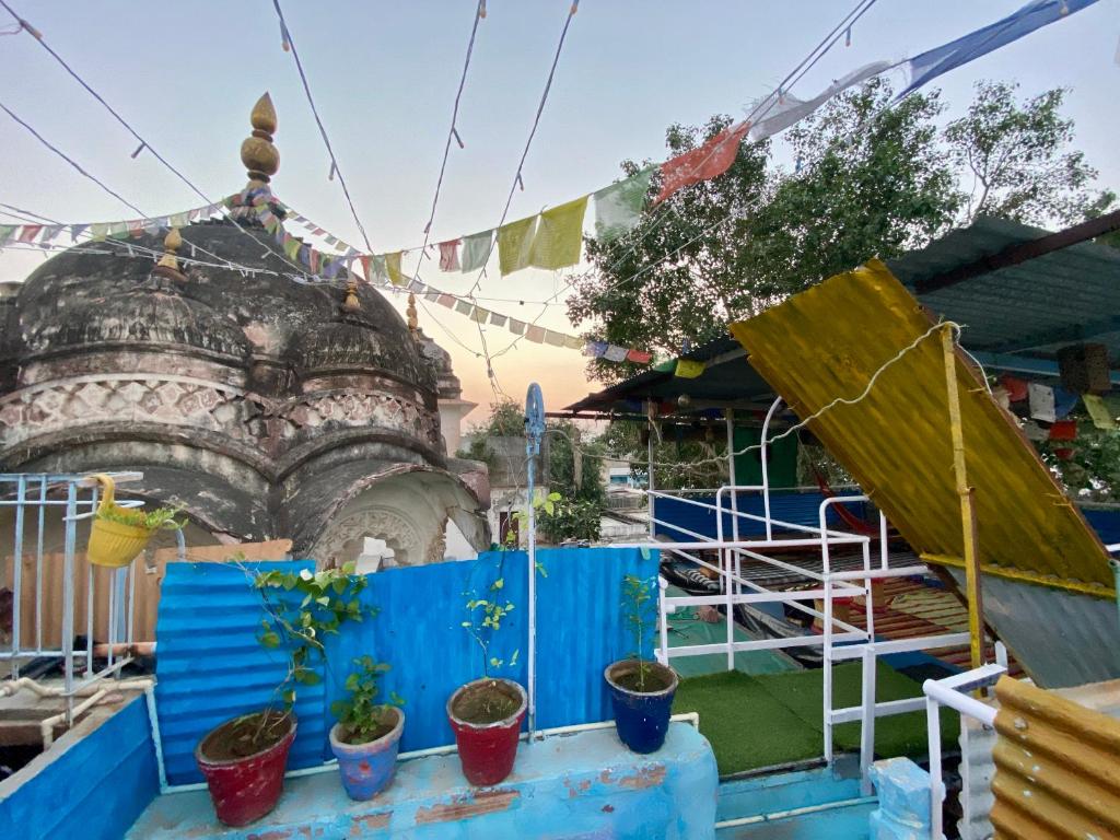 a blue fence with potted plants in front of a building at Bob hostel in Jodhpur