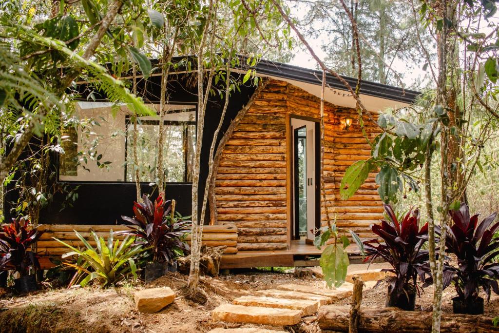 Cabaña de madera con porche en el bosque en Cabaña Aventurina- La pascana Ecolodge Entorno natural excepcional, conexión con la naturaleza y avistamiento de aves, Ubicado a 3km del metrocable y Parque Arvi, Guarne, en Mazo