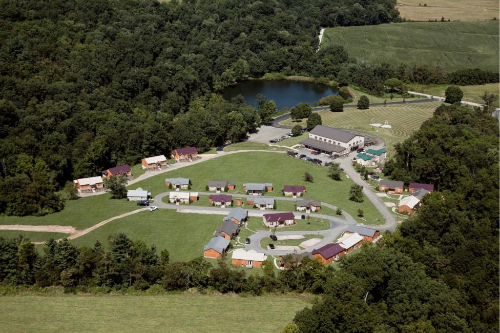 an aerial view of a farm with a group of buildings at The Lodges at Gettysburg in Gettysburg