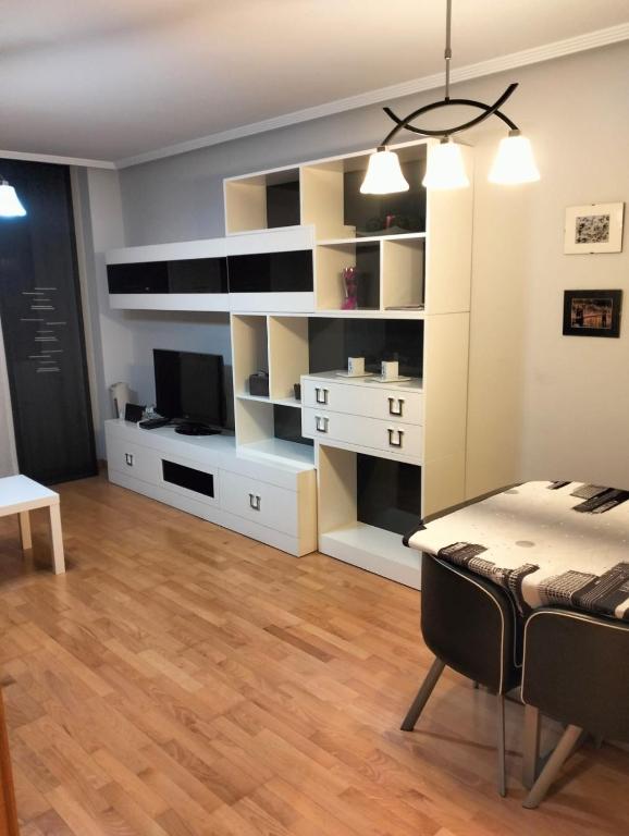 a living room with a couch and a table and a television at Apartamento Palacio de Congresos León in León