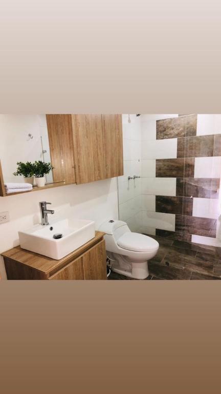 a bathroom with a white sink and a toilet at Unidad recidencial San basilio in Sabaneta