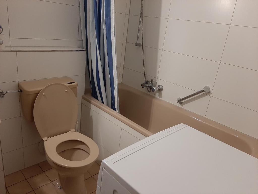 ein Badezimmer mit Toilette und Duschvorhang in der Unterkunft City Bonn Apartments in Bonn