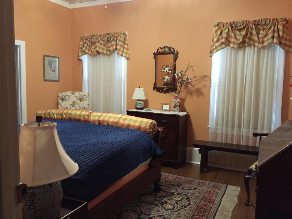 um quarto com uma cama, uma mesa e um espelho em Hanna House Bed & Breakfast em New Bern