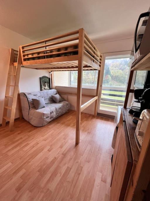 Cette petite chambre comprend des lits superposés et un canapé. dans l'établissement Studio au pied des pistes, à Montferrier