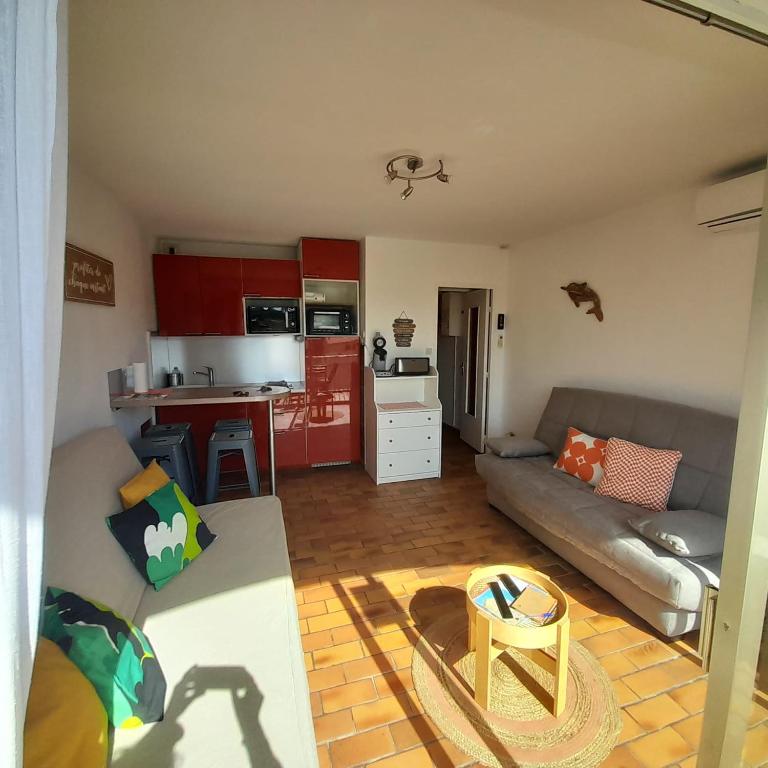 un salon avec un canapé et une cuisine dans l'établissement Élégant Studio au calme 2mn mer Wifi Clim Terrasse parking, à Six-Fours-les-Plages