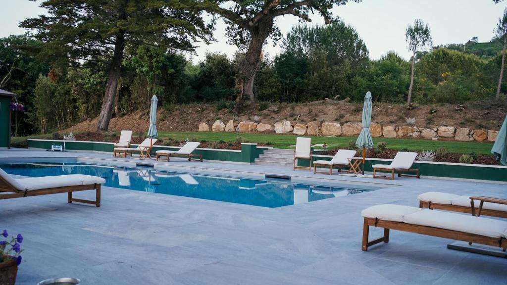 a swimming pool with lounge chairs and umbrellas at Podere Scoldasu - Diana in Massa Marittima