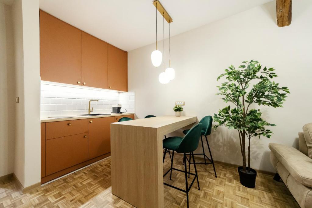 a kitchen with a table and chairs in a room at Central Hideaway Suite in Novi Sad