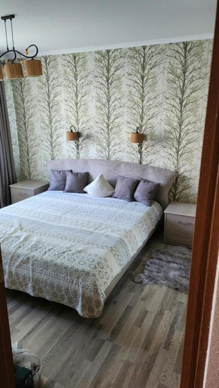 a bedroom with a large bed with purple pillows at Ramybės oazė in Klaipėda