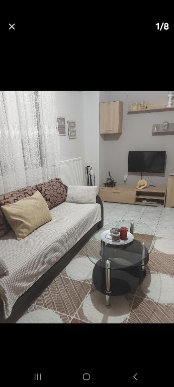 a living room with a couch and a coffee table at Όμορφο διαμέρισμα στο κέντρο Κοζάνης, για μια ευχάριστη διαμονή in Kozani