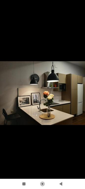 eine Küche mit einem Tisch mit einer Vase mit Blumen darauf in der Unterkunft LOFT LA Santander Centro in Santander
