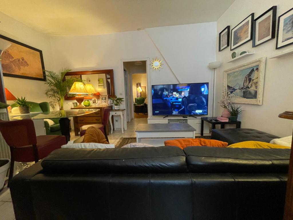 un salon avec un canapé et une télévision à écran plat dans l'établissement Appartement Paris, à Paris