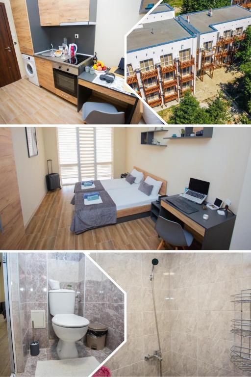 two pictures of a room with a bed and a bathroom at Veliko Turnovo Studios - Stylish & Convenient in Veliko Tŭrnovo