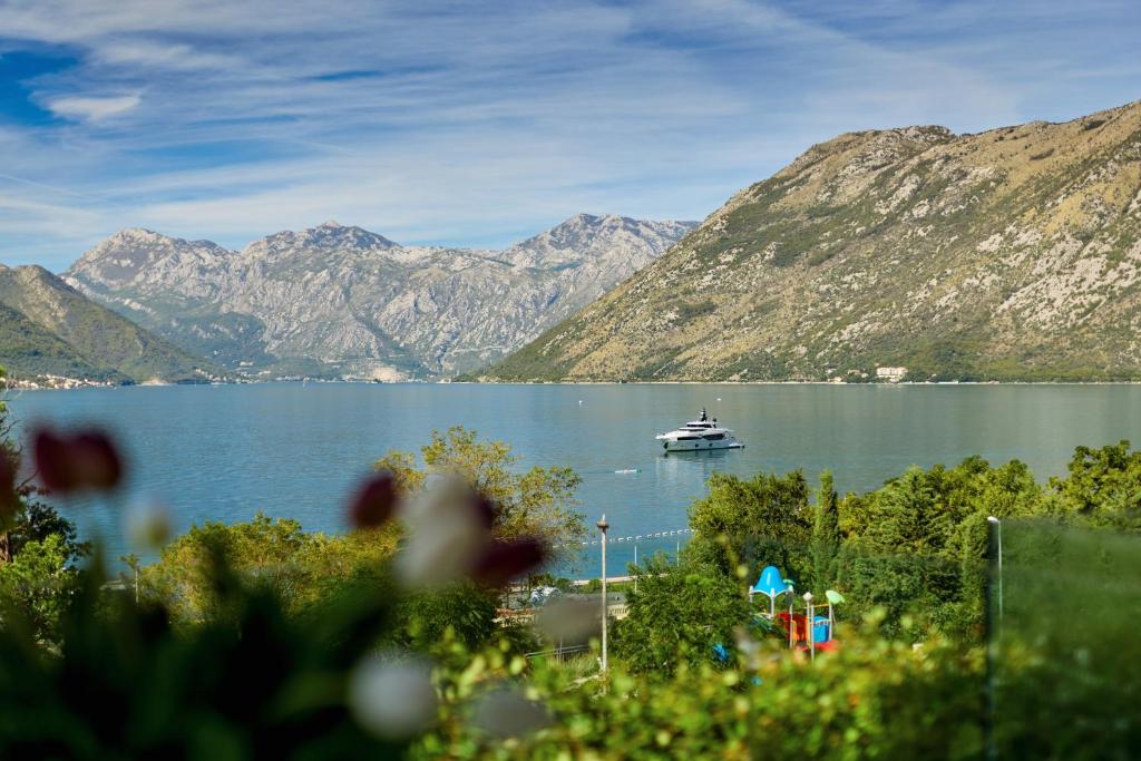 a boat in a large body of water with mountains at Alla Cartolina in Kotor