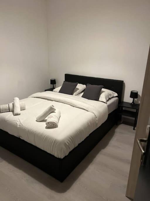 - une chambre dotée d'un grand lit avec des oreillers blancs et noirs dans l'établissement Appartement Brest Kerinou avec box internet, à Brest