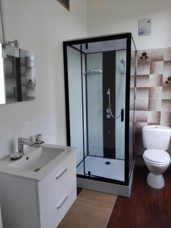 une salle de bain avec une douche en verre et des toilettes dans l'établissement Esyom's, à Coulonces