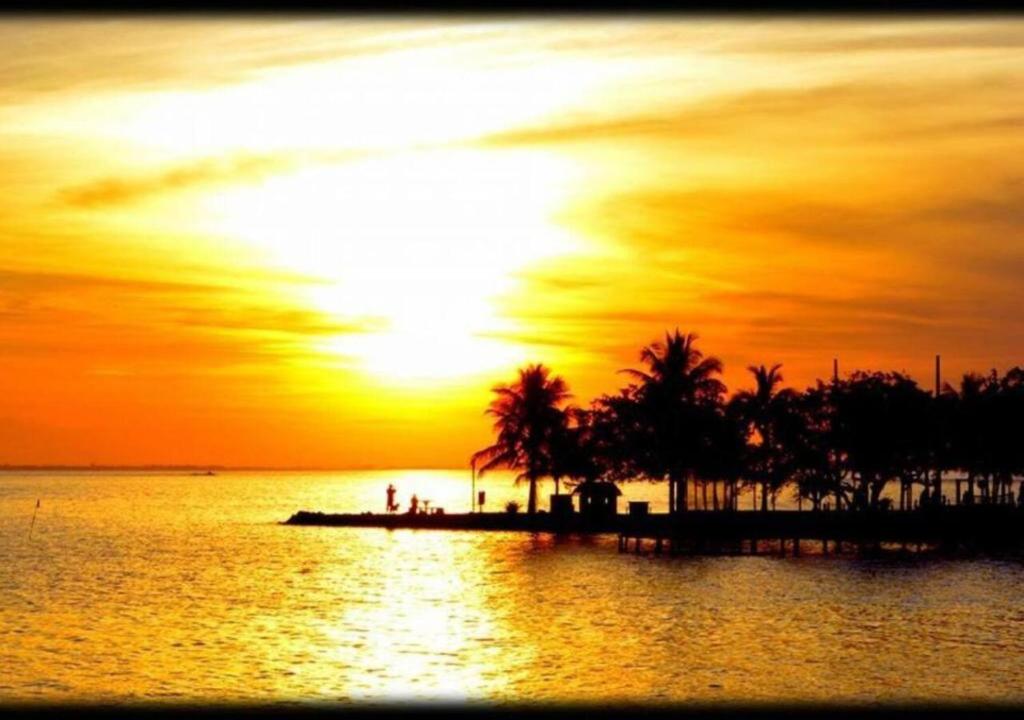 un coucher de soleil sur un plan d'eau avec des palmiers dans l'établissement Casa de frente pra lagoa, à São Pedro da Aldeia