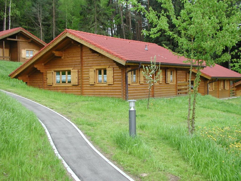 ein Blockhaus mit einer gewundenen Straße davor in der Unterkunft Blockhaus Bayerischer Wald in Stamsried