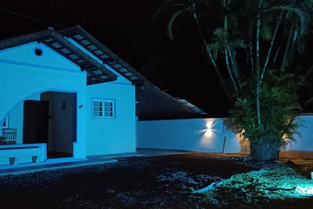 a white house with a palm tree at night at Blaues Haus 2 in Pomerode