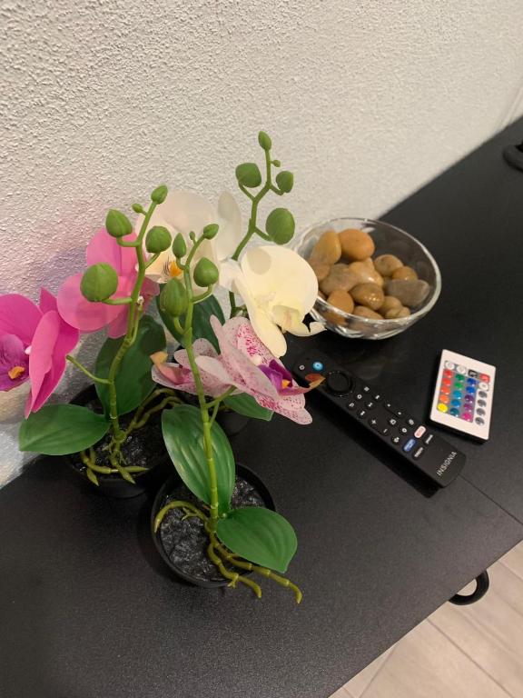 un vaso con fiori su un tavolo con un telecomando di Sunset Serenity a Nassau