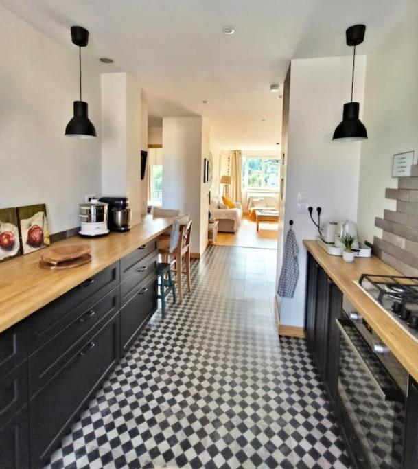 une cuisine avec des armoires noires et un sol en damier dans l'établissement Le Jean-Paule, à Jallieu