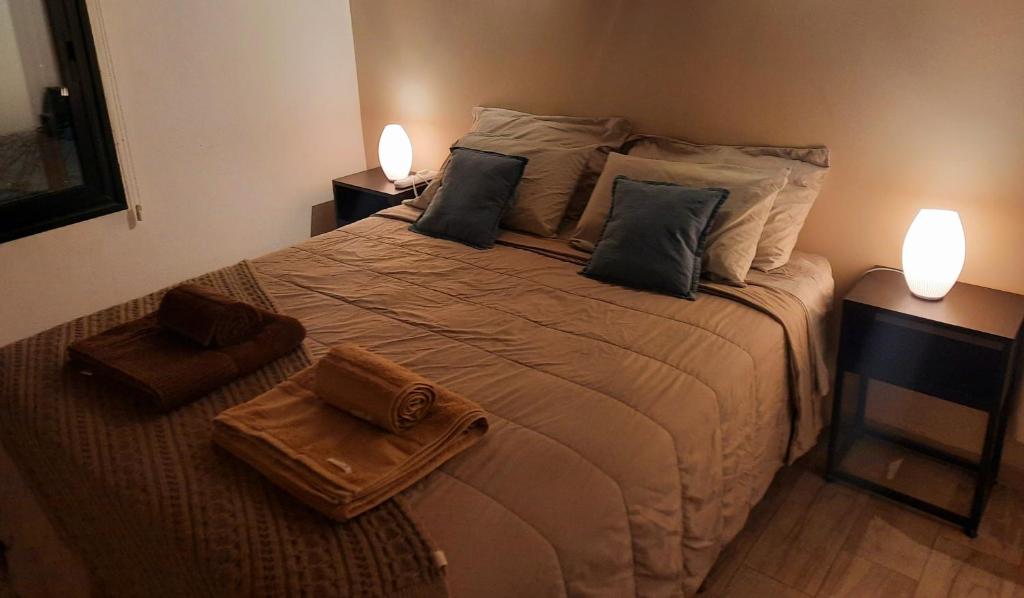 Un dormitorio con una cama grande con dos lámparas. en Estilo urbano. Moderno y confortable, en Neuquén