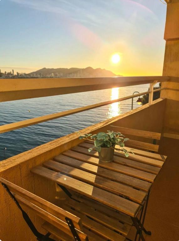 ławka na boku łodzi z rośliną w obiekcie Bonito triplex con increíbles vistas w mieście Benidorm