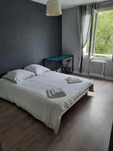 une chambre avec un lit blanc et une fenêtre dans l'établissement Appartement agréable, à Grenoble