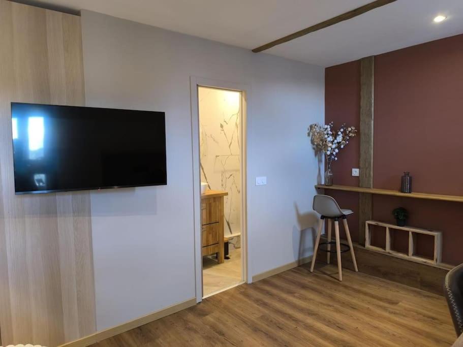 a living room with a flat screen tv on a wall at Grand Studio Place Morny refait à neuf in Deauville