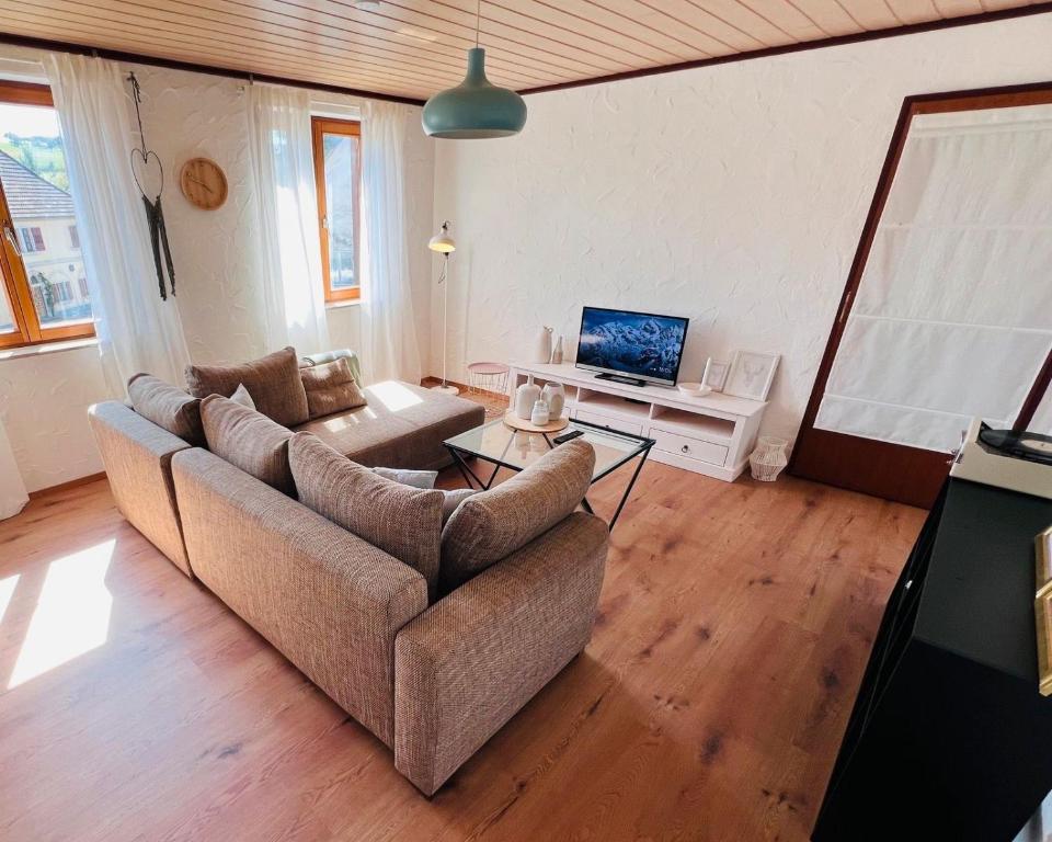 Una sala de estar con un sofá y un televisor. en Ferienwohnung am Bach Biberstüble, en Tengen